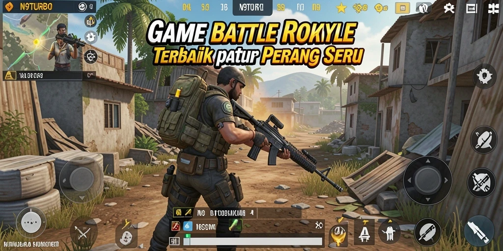 Screenshot utama N9TURBO menampilkan aksi pertempuran seru di arena.